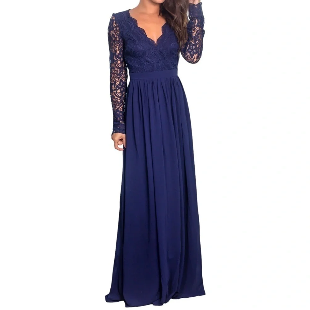 Club L London Beach Indigo Gown Sz 6 Lace Torso Long Sleeve